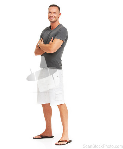 Image of Portrait, mockup and fashion with a man in studio isolated on a white background standing arms crossed. Marketing, advertising and mock up with a mature male posing on black product placement space