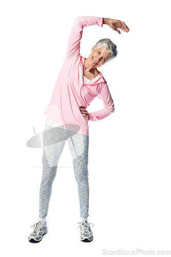 Image of Senior woman, portrait or stretching on isolated white background in exercise, workout and training for body wellness. Smile, happy or retirement elderly in warm up for fitness pain relief on mock up