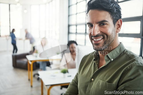 Image of Happy, smile and portrait of businessman in office for management, leadership and vision. Web design, startup and future with face of ceo in creative digital agency for mindset, mentor and goal