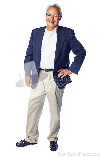 Image of Proud senior and manager full body portrait smiling with confident, happy and corporate pose. Mature, professional and elderly businessman with smile standing at isolated white background.