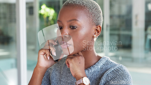 Image of Phone call, business woman and laptop planning in a corporate office with black employee talking to client. Time management, schedule and professional face of African American planner enjoying career