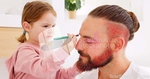 Image of Man, kids and makeup with fun, happy and play together in bathroom in home. Girl, children and father smile for makeup, brush and cosmetics while bonding in house with love, family life and funny