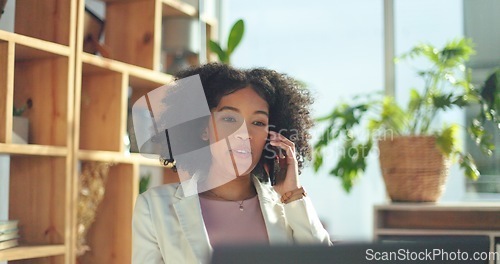 Image of Phone call, communication and business woman with a laptop for networking, planning and creative work in an office. Advertising, talking and African employee on a mobile for a strategy for a startup