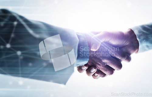 Image of Doctors, people or handshake in future hospital, white background or futuristic collaboration in healthcare teamwork. Zoom, women or medical partnership in welcome gesture, trust or thank you overlay