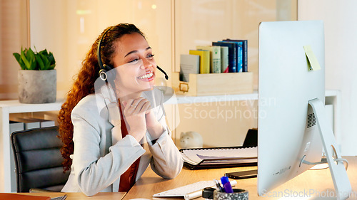 Image of Human resources manager on a video call, waving and smiling at a colleague while meeting to discuss work. Conducting an interview with a potential candidate during the hiring and recruitment process