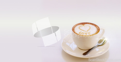 Image of Coffee, love and cappuccino with mockup, white background and product placement for drink. Heart, bespoke latte art design and cup in creative cafe launch or minimal restaurant advertisement space.