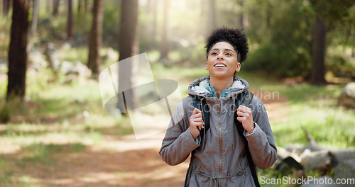 Image of Freedom, fitness hiking and woman in nature park, relax and happy outdoor in nature for peace, quiet and freedom mindset. Happiness, fitness and smile zen girl in forest, wellness and being mindful