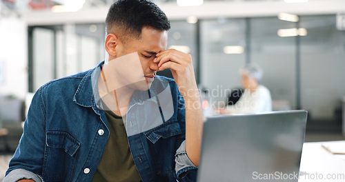 Image of Headache, stress or depression businessman working on laptop with burnout, confused or mental health. Sad, frustrated or marketing employees in office 404 computer glitch, tax audit error or anxiety