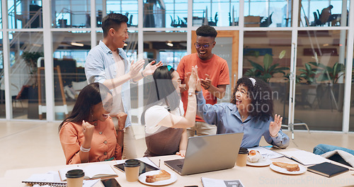 Image of Business, team and applause for celebration, corporate deal and marketing campaign in modern office. Staff, teamwork and clapping for group project, target achievement and goal for collaboration.