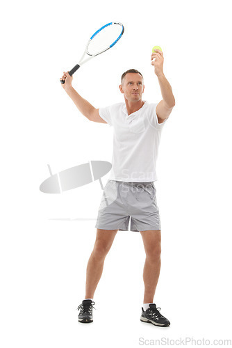 Image of Tennis sports, fitness and man in studio isolated on white background for exercise. Training, athlete and mature male with racket ready to hit ball for workout for health, game practice or wellness.