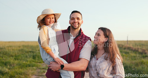 Image of Family, mother and father with girl, on holiday and in countryside together being relax, happy and smile. Portrait, mom and dad holding daughter or child on vacation, enjoy fresh air and bonding.
