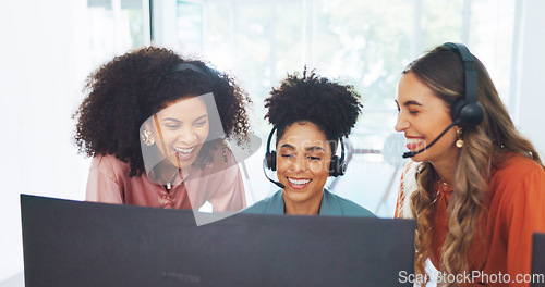 Image of Call center, high five and business people applause for success, telemarketing sales or achievement. Teamwork, customer service and group of women clapping in celebration of victory, goals or targets