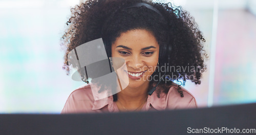 Image of Customer service communication, computer video call and consultant talking on telecom microphone or contact us CRM. Call center, ecommerce and telemarketing black woman consulting on customer support