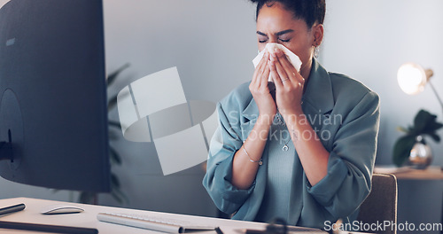 Image of Business, woman and sneeze in office, computer and sickness. Female entrepreneur, administrator and tissue for illness, flu and girl overworked, burnout and employee for corporate planning or startup