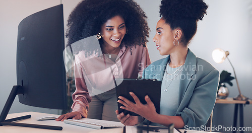 Image of Computer, black african american woman or manager coaching, training or helping an employee with mentorship at office desk. Leadership, collaboration or worker with a question talking or speaking of