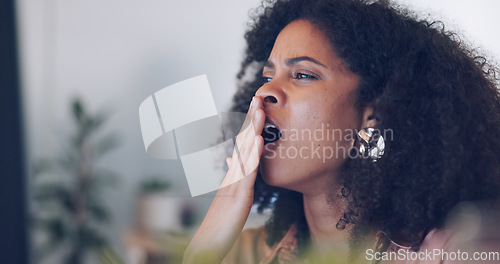 Image of Customer service, tired and woman yawning in call center office on night shift. Fatigue, working late and face of black woman, consultant and female sales agent yawn while telemarketing in workplace