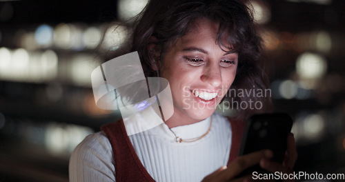 Image of Search, night and phone with business woman in city for communication, social media and networking. Internet, technology and digital with face of girl on rooftop for app, data and email in New York