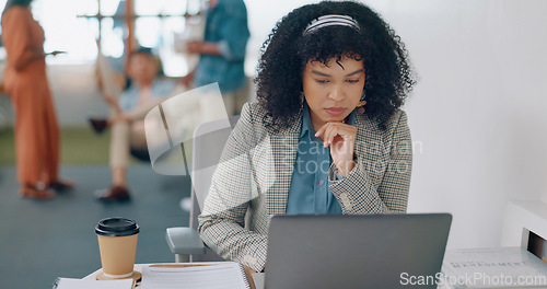 Image of Thinking, laptop or black woman working on a digital marketing seo strategy for an advertising or digital agency. Typing, research or social media page editor copywriting an internet article or blog