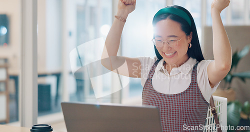 Image of Winner, laptop or happy employee with success, job promotion or digital marketing sales target at office desk. Wow, woman or excited Japanese girl smiles with pride from winning a bonus or kpi goals