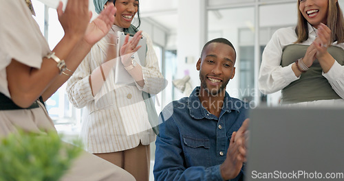 Image of Success, applause and black man with proposal in office at startup business with proud team. Congratulations, cheering and support for winner target achievement with employees clapping hands at desk.