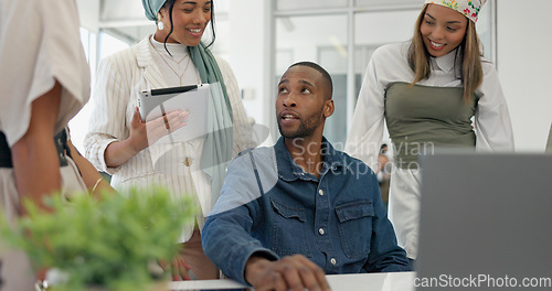 Image of Coaching, collaboration and training, team at laptop in discussion on project management with manager. Leadership, planning and brainstorming, woman mentor teaching business staff at creative office.