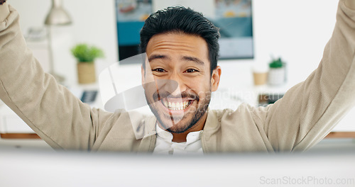 Image of Happy businessman, success or fist on computer with wow or yes face expression in creative startup deal, goals or target. Smile, excited or winner worker with hands gesture on office technology sale