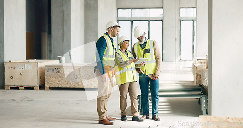 Image of Tablet, building and construction worker team planning renovation, industrial design software and development brainstorming. Manager with digital app talking to engineering contractor in industry job