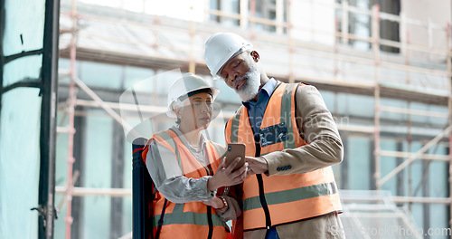 Image of Engineer, building construction and phone with inspection workers talking and planning on internet, innovation and vision development. Site, project and technology with architect man and woman team