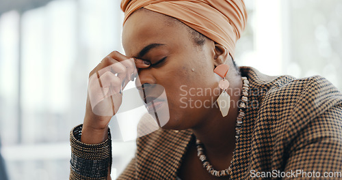 Image of Business, stress and black woman with headache, anxiety and pressure for corporate deal. Startup, Nigerian female and employee with anxiety, tired and burnout for marketing schedule and frustrated