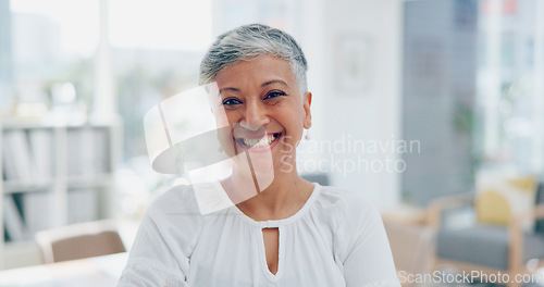 Image of Face, leadership and senior business woman in office ready for task, targets or goals. Boss, ceo and happy, confident and proud female laughing with vision, mission or success mindset in workplace.