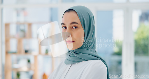 Image of Creative muslim woman, face and smile in hijab with vision, career ambition or focus for startup at the office. Portrait of confident islamic woman employee designer smiling with scarf at workplace