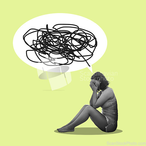 Image of Mental health, confusion and woman on floor, depression and emotional on studio background. Speech bubble of scribble, female and girl on ground, emotional or anxiety with thoughts, stress or anxious