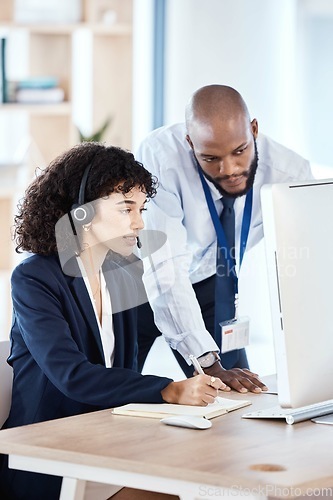 Image of Customer support mentor, computer consulting and black people telemarketing on contact us CRM or telecom. Teamwork, e commerce call center and training information technology consultant on microphone