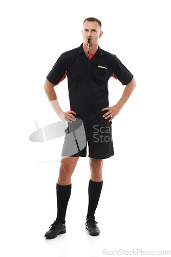 Image of Referee man, portrait and blowing whistle, angry with soccer foul and warning in game isolated on white background. Sports, fitness and compliance, rules and male in studio with football penalty