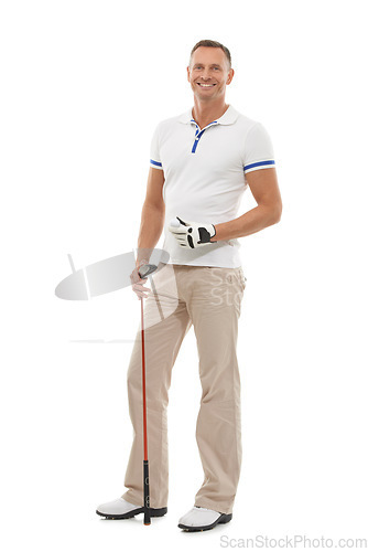 Image of Man standing with smile, portrait with golf athlete, club and sports with happy person isolated on white background. Fitness, player and game in studio with happiness, excited for sport with exercise