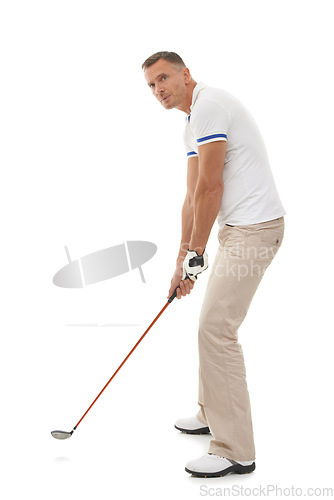 Image of Golf man, sports and swing of club in studio isolated on a white background ready to start game. Training, thinking and mature male swinging driver for golfing workout, exercise and fitness match.