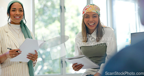 Image of Business women, teamwork or diversity meeting on paper or documents review in coaching or training feedback. Smile, happy or talking speaker in leadership workshop, collaboration or strategy planning