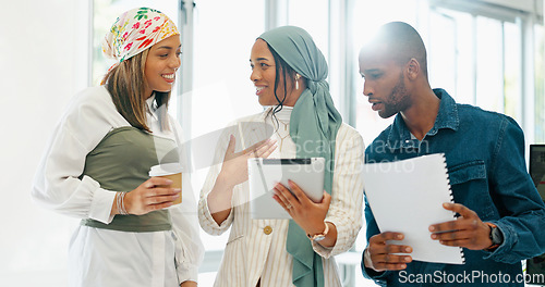 Image of Business people, laughing or meeting with tablet, paper or documents in company joke, meme or funny comic website. Smile, happy or talking women and man on technology in diversity teamwork for brand