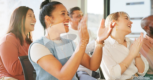 Image of Crowd, women applause and meeting seminar, workshop and smile for happiness, celebrate or event. Group, people or award celebration for team building, motivation and audience diversity in New York