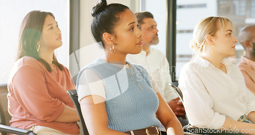 Image of Conference, audience and tablet of business people in presentation, workshop or seminar for training, innovation and digital startup. Young future employees listening at an internship career meeting