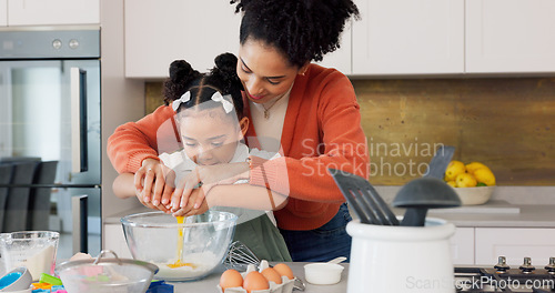 Image of Mother, child and baking with eggs in the kitchen for family bonding, learning and fun with ingredients at home. Happy mom teaching helpful kid to bake, cook or mix for recipe together at the house