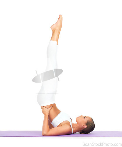 Image of Fitness, yoga and feet of woman in air in studio isolated on a white background mockup. Zen chakra, pilates meditation and young female athlete training or stretching legs for health and wellness.