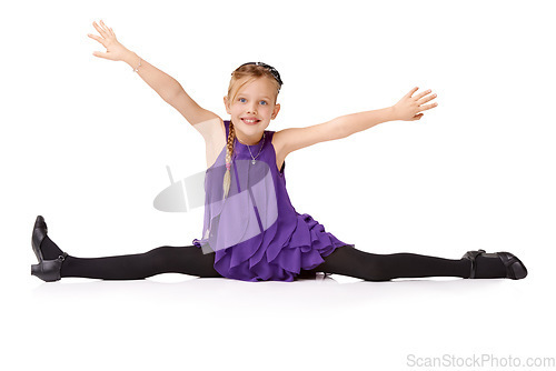 Image of Dance, talent and splits with portrait of girl for flexibility, fashion and celebration. Happy, party and contemporary with isolated child dancing for health, smile and fitness in white background