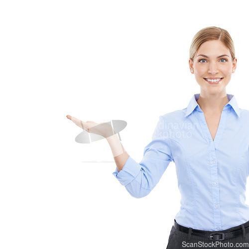 Image of Advertising, hand and portrait of business woman mockup for product placement isolated on white background. Happy female entrepreneur with open palm for a promotion, marketing or branding for startup