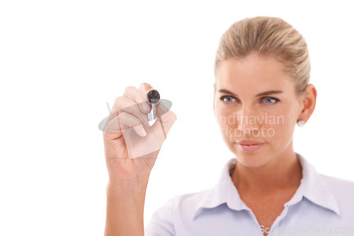 Image of Business woman, hand and writing on glass wall for ideas, calendar management and isolated growth planning. Corporate worker, employee and thinking for schedule innovation goals on white background