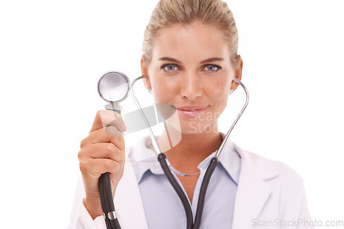 Image of Healthcare doctor, face and woman with stethoscope in studio on a white background. Portrait, cardiology and female medical cardiologist from Canada holding equipment for heart health and wellness.