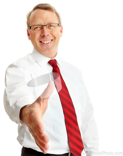 Image of Portrait, business man and handshake in studio isolated on a white background. Face, greeting and male entrepreneur shaking hands for deal, agreement or contract, onboarding or welcome introduction.