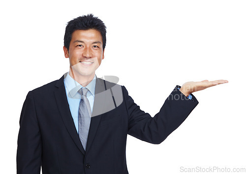 Image of Happy businessman, portrait or hand palm on isolated white background for finance investment mockup or insurance deal. Smile, worker and corporate asian showing marketing space or advertising mock up