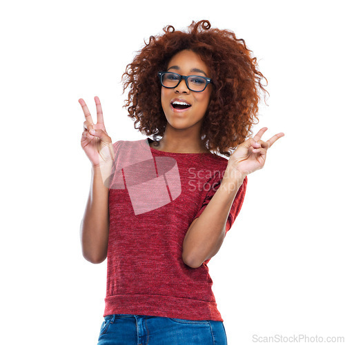 Image of Portrait, peace and emoji with a model black woman excited in studio isolated on a white background. Social media, good news and hand sign with a female feeling surprised with a wow expression