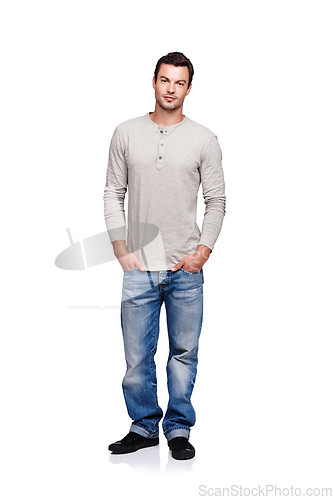 Image of Fashion, style and portrait of man on a white background posing in trendy, stylish and modern clothes. 2000s style, confident and fashion model isolated in studio with casual, retro and cool clothes